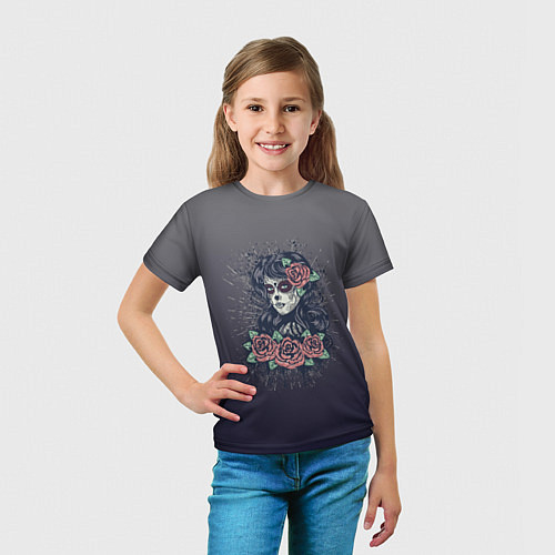 Детская футболка Девушка в образе санта муэрте с макияжем сахарный / 3D-принт – фото 5