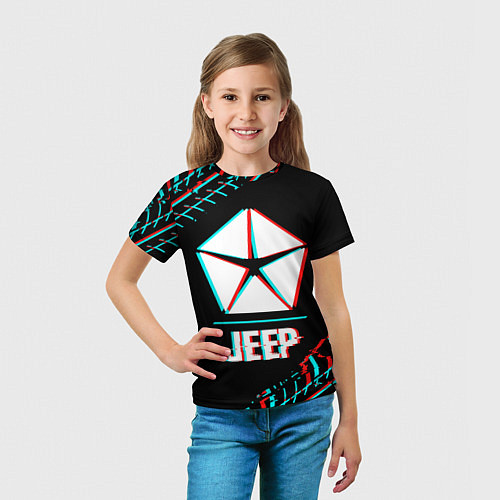 Детская футболка Значок Jeep в стиле glitch на темном фоне / 3D-принт – фото 5