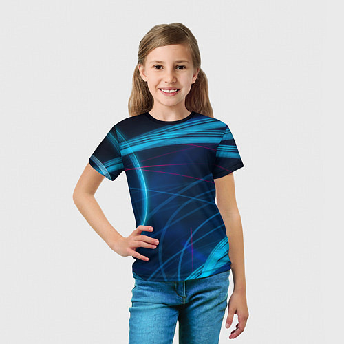 Детская футболка Синие абстрактные линии в темноте / 3D-принт – фото 5
