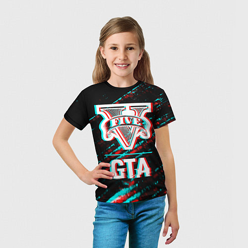 Детская футболка GTA в стиле glitch и баги графики на темном фоне / 3D-принт – фото 5