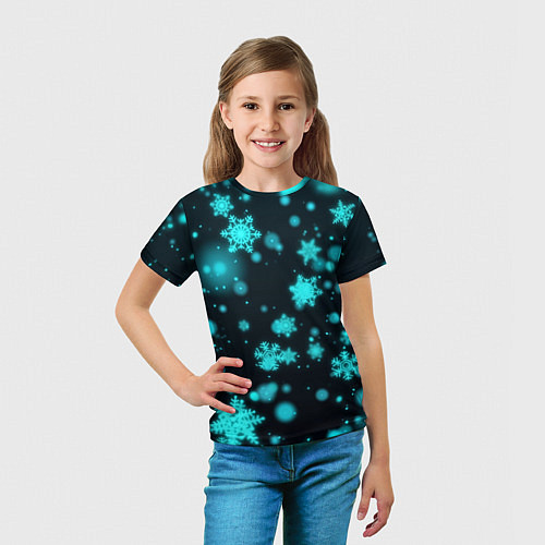 Детская футболка Неоновые снежинки на черном фоне / 3D-принт – фото 5