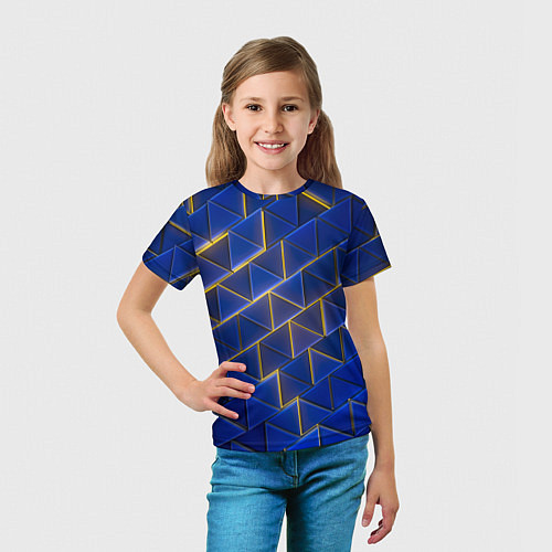 Детская футболка Синие треугольники и жёлтый свет / 3D-принт – фото 5