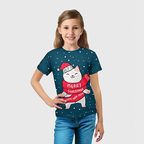 Детская футболка Новогодний котик в колпачке / 3D-принт – фото 5