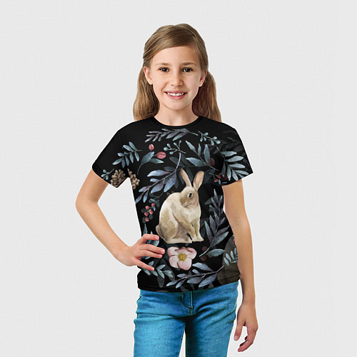 Детская футболка Новогодний кролик - Веточки и цветочки / 3D-принт – фото 5