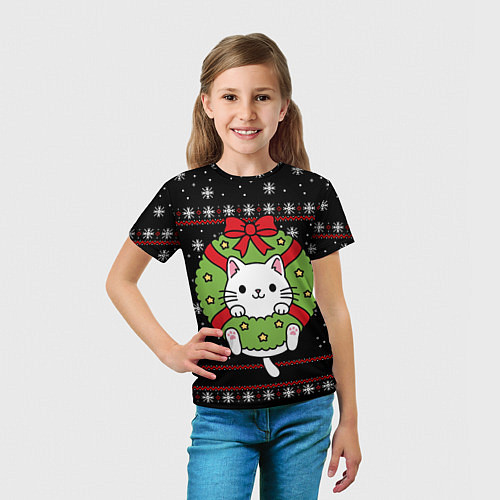 Детская футболка Рождественский венок с котиком / 3D-принт – фото 5