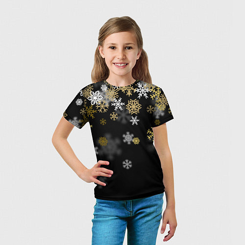 Детская футболка Золотые и белые снежинки / 3D-принт – фото 5