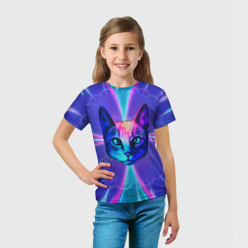 Детская футболка Яркий неоновый портрет кота / 3D-принт – фото 5