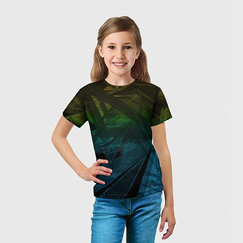 Детская футболка Черный абстрактный узор на сине-зеленом фоне / 3D-принт – фото 5