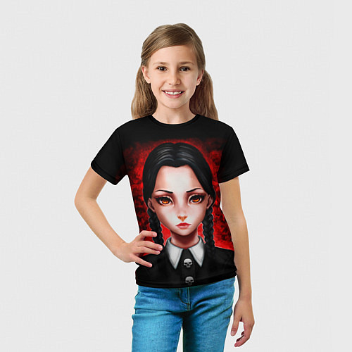Детская футболка Уэнсдэй на красном фоне / 3D-принт – фото 5