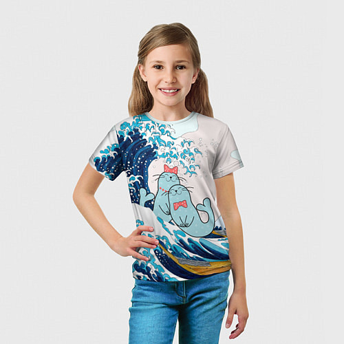 Детская футболка Влюбленные тюлени у большой волны Канагава / 3D-принт – фото 5
