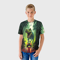 Футболка детская Динозавр в погоне за машиной в джунглях, цвет: 3D-принт — фото 2