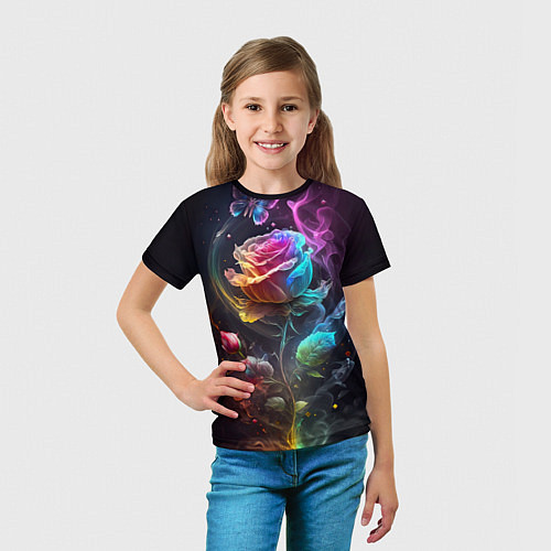 Детская футболка Неоновая бабочка над большой розой / 3D-принт – фото 5