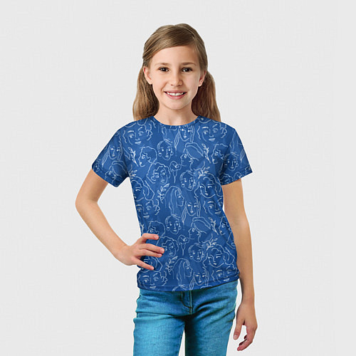 Детская футболка Женские лица на джинсовом синем / 3D-принт – фото 5