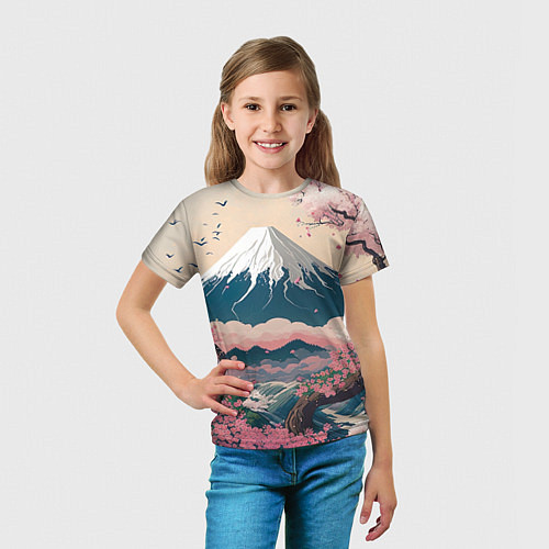 Детская футболка Японский пейзаж: цветение сакуры у горы Фудзияма / 3D-принт – фото 5