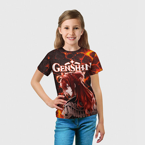 Детская футболка Дилюк на фоне раскаленной лавы / 3D-принт – фото 5