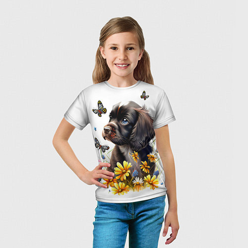 Детская футболка Черный щенок и жёлтые полевые цветы / 3D-принт – фото 5