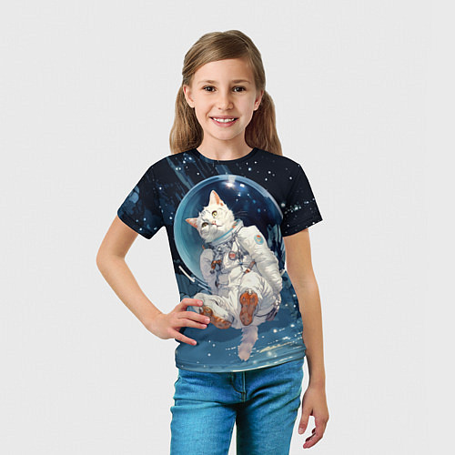 Детская футболка Белый кот космонавт в невесомости / 3D-принт – фото 5