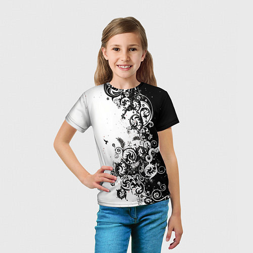 Детская футболка Черно-белая птица среди узорчатых цветов / 3D-принт – фото 5