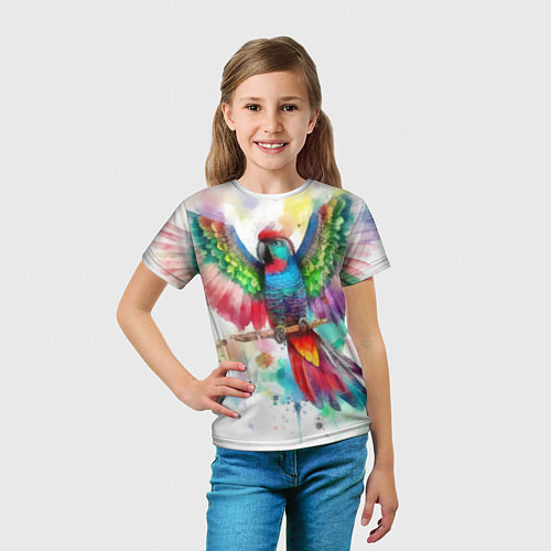 Детская футболка Разноцветный акварельный попугай с расправленными / 3D-принт – фото 5