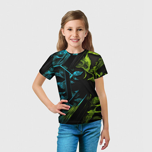 Детская футболка Зеленые и синие абстрактные листья / 3D-принт – фото 5