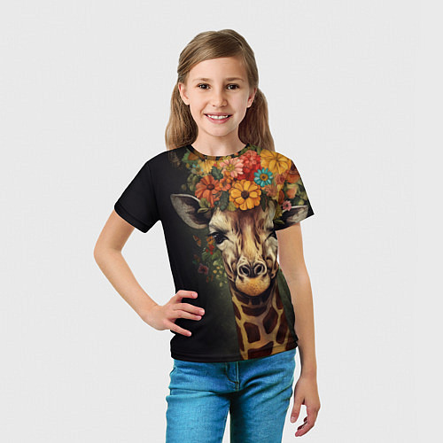 Детская футболка Портрет жирафа с цветами: арт нейросети / 3D-принт – фото 5