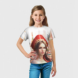 Футболка детская Девушка в кокошнике с косой - кремль, цвет: 3D-принт — фото 2