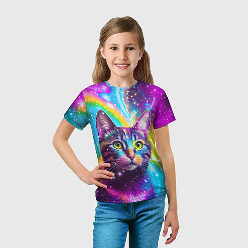 Детская футболка Полосатый кот с разноцветной звездной туманностью / 3D-принт – фото 5