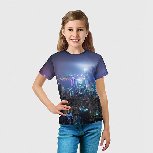 Детская футболка Большой город в розово-голубых огнях / 3D-принт – фото 5