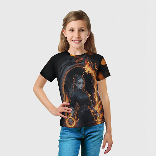 Детская футболка Готическая девушка с двумя косами огненная магия / 3D-принт – фото 5