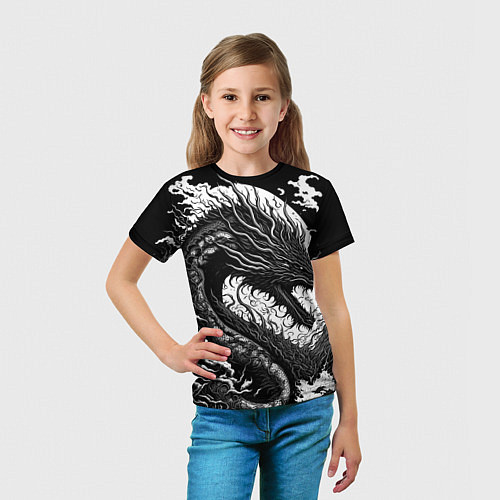 Детская футболка Черно-белый дракон и волны / 3D-принт – фото 5