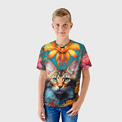 Футболка детская Дикая кошка в цветах, цвет: 3D-принт — фото 2
