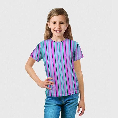Детская футболка Розово-голубой неновый полосатый узор / 3D-принт – фото 5