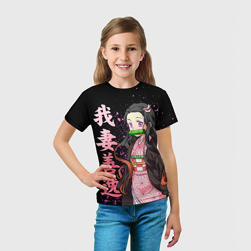 Детская футболка Незуко комадо и иероглифы - клинок / 3D-принт – фото 5
