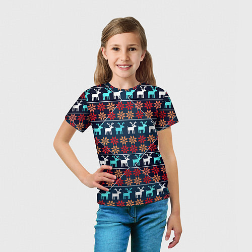 Детская футболка Новогодние олени и снежинки узор / 3D-принт – фото 5
