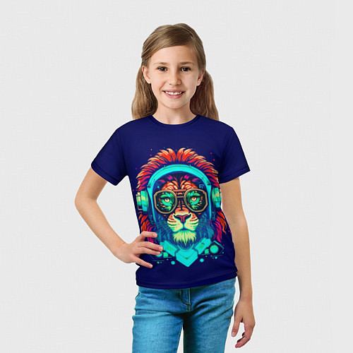 Детская футболка Лев в наушниках киберпанк синий / 3D-принт – фото 5