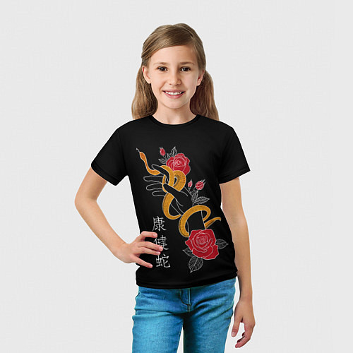 Детская футболка Змея в цветах и иероглифы / 3D-принт – фото 5