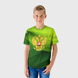 Футболка детская Золотистый герб России на зеленом фоне, цвет: 3D-принт — фото 2