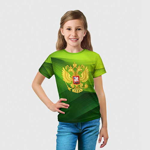 Детская футболка Золотистый герб России на зеленом фоне / 3D-принт – фото 5