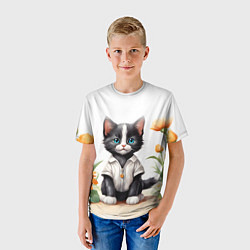 Футболка детская Котенок на цветочной поляне, цвет: 3D-принт — фото 2