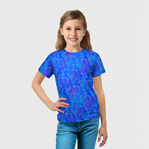 Детская футболка Синие неоновые листья / 3D-принт – фото 5