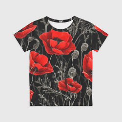 Футболка детская Красные маки на темном фоне, цвет: 3D-принт