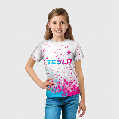 Детская футболка Tesla neon gradient style: символ сверху / 3D-принт – фото 5