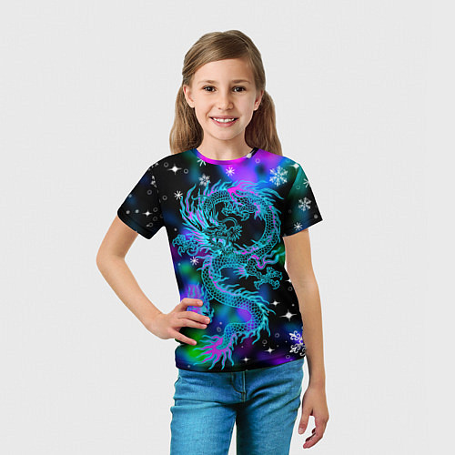 Детская футболка Неоновый дракон в снежинках / 3D-принт – фото 5