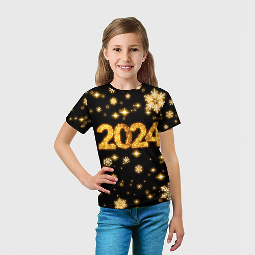 Детская футболка Новый 2024 год - золотые снежинки / 3D-принт – фото 5