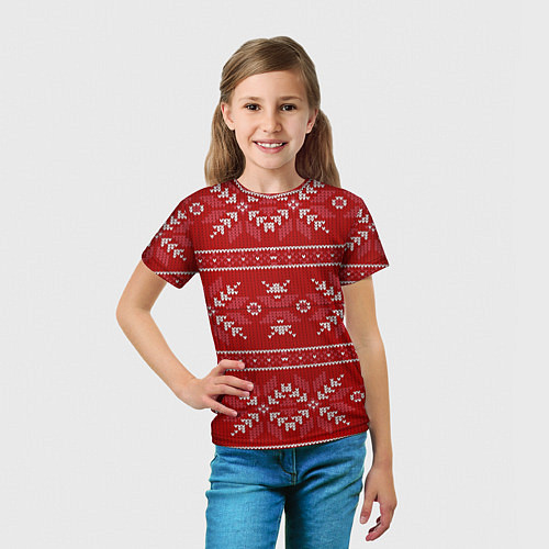 Детская футболка Красный вязаный узор свитера / 3D-принт – фото 5