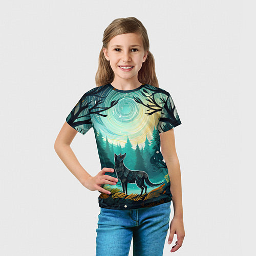 Детская футболка Волк в ночном лесу фолк-арт / 3D-принт – фото 5