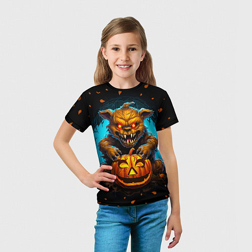 Детская футболка Halloween - страшный медведь с тыквой / 3D-принт – фото 5