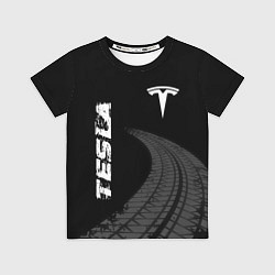 Футболка детская Tesla speed на темном фоне со следами шин вертикал, цвет: 3D-принт