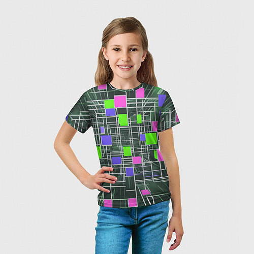 Детская футболка Белые полосы и разноцветные квадраты / 3D-принт – фото 5