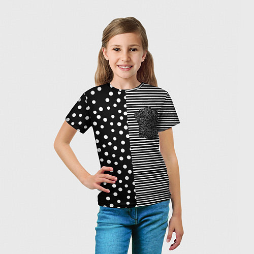 Детская футболка Мелкая полоска и белый горошек на чёрном / 3D-принт – фото 5